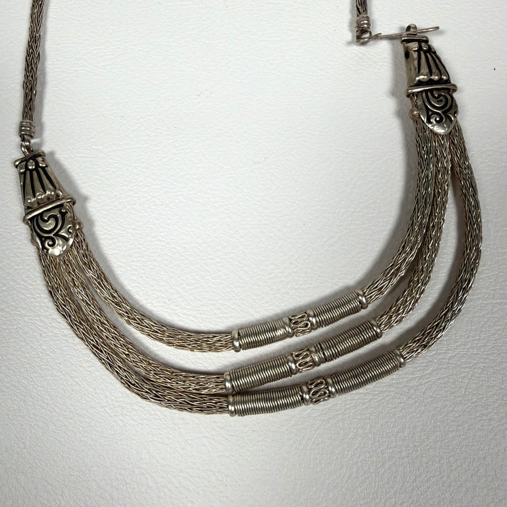 Vintage Artisan Silver Tone Woven Multi Strand Necklace 16-18" Ornate 36g Tribel - Picture 6 of 10